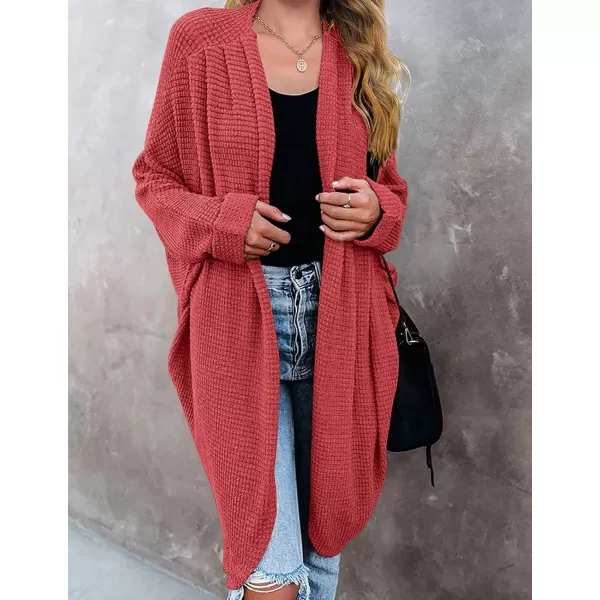 imageZESICA Womens 2024 Fall Casual Waffle Knit Solid Color Long Batwing Sleeve Oversized Open Front Sweater Cardigan CoatWatermelon