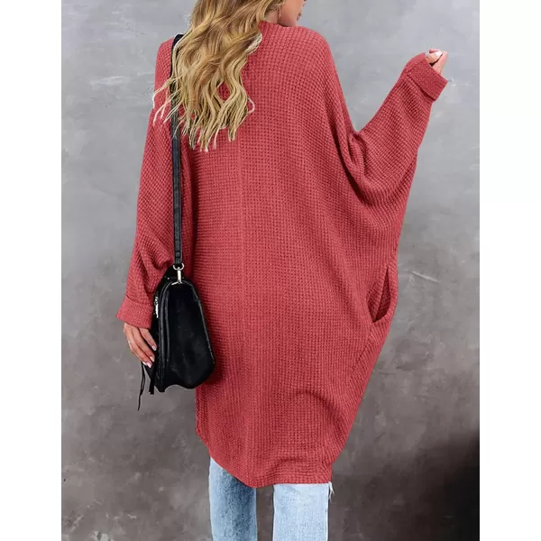 imageZESICA Womens 2024 Fall Casual Waffle Knit Solid Color Long Batwing Sleeve Oversized Open Front Sweater Cardigan CoatWatermelon