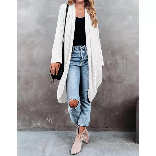imageZESICA Womens 2024 Fall Casual Waffle Knit Solid Color Long Batwing Sleeve Oversized Open Front Sweater Cardigan CoatWhite