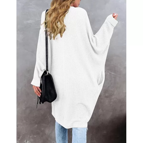 imageZESICA Womens 2024 Fall Casual Waffle Knit Solid Color Long Batwing Sleeve Oversized Open Front Sweater Cardigan CoatWhite