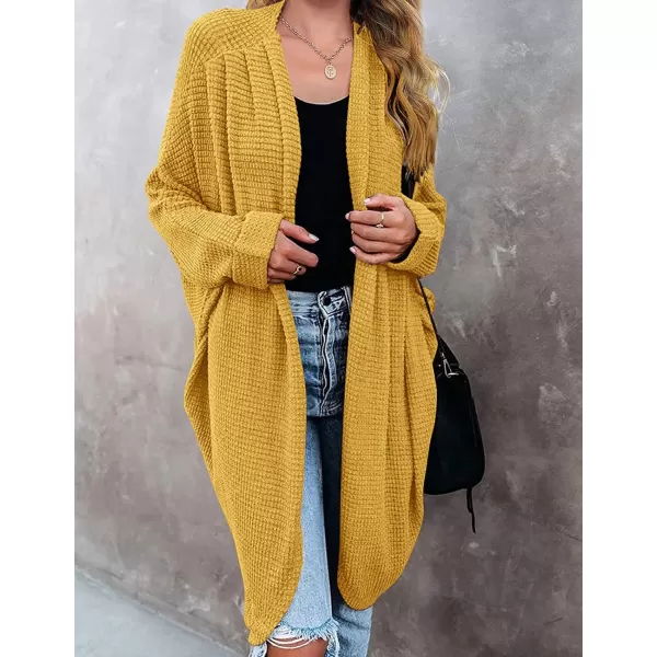 imageZESICA Womens 2024 Fall Casual Waffle Knit Solid Color Long Batwing Sleeve Oversized Open Front Sweater Cardigan CoatYellow