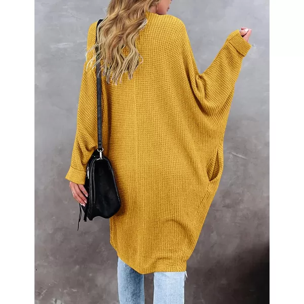 imageZESICA Womens 2024 Fall Casual Waffle Knit Solid Color Long Batwing Sleeve Oversized Open Front Sweater Cardigan CoatYellow