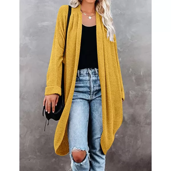 imageZESICA Womens 2024 Fall Casual Waffle Knit Solid Color Long Batwing Sleeve Oversized Open Front Sweater Cardigan CoatYellow