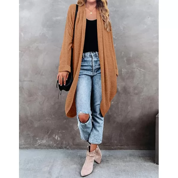 imageZESICA Womens 2024 Fall Casual Waffle Knit Solid Color Long Batwing Sleeve Oversized Open Front Sweater Cardigan CoatYellowbrown