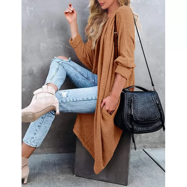 imageZESICA Womens 2024 Fall Casual Waffle Knit Solid Color Long Batwing Sleeve Oversized Open Front Sweater Cardigan CoatYellowbrown