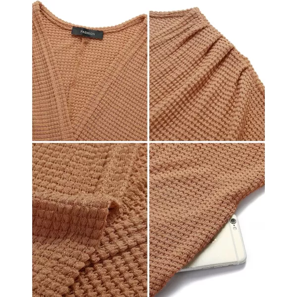 imageZESICA Womens 2024 Fall Casual Waffle Knit Solid Color Long Batwing Sleeve Oversized Open Front Sweater Cardigan CoatYellowbrown