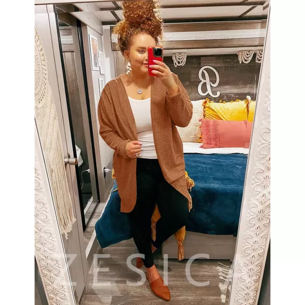 imageZESICA Womens 2024 Fall Casual Waffle Knit Solid Color Long Batwing Sleeve Oversized Open Front Sweater Cardigan CoatYellowbrown