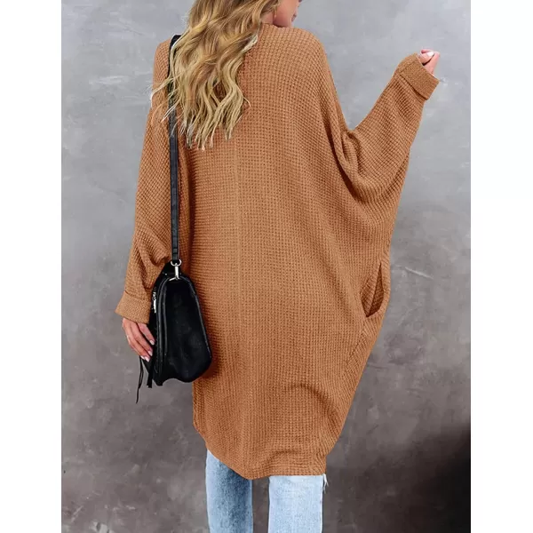imageZESICA Womens 2024 Fall Casual Waffle Knit Solid Color Long Batwing Sleeve Oversized Open Front Sweater Cardigan CoatYellowbrown