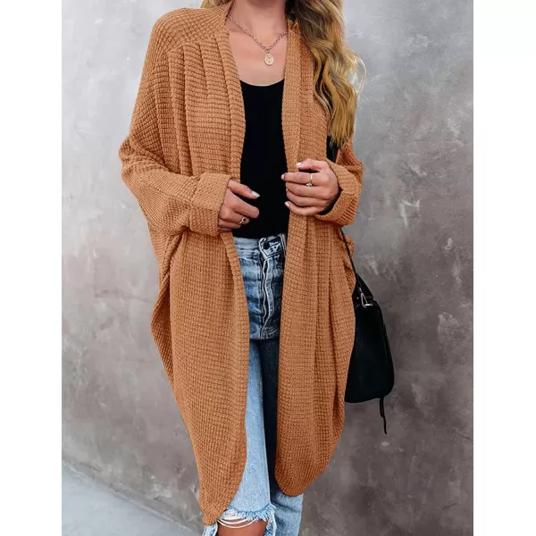 imageZESICA Womens 2024 Fall Casual Waffle Knit Solid Color Long Batwing Sleeve Oversized Open Front Sweater Cardigan CoatYellowbrown