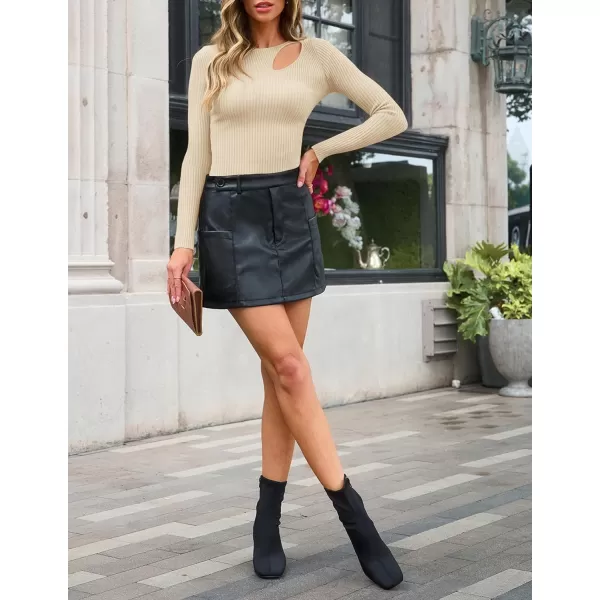 imageZESICA Womens 2024 Fall Fashion Long Sleeve Shirts Crewneck Cut Out Ribbed Knit Slim Fitted Sweater TopsApricot