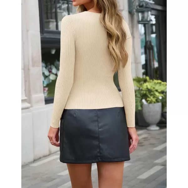 imageZESICA Womens 2024 Fall Fashion Long Sleeve Shirts Crewneck Cut Out Ribbed Knit Slim Fitted Sweater TopsApricot