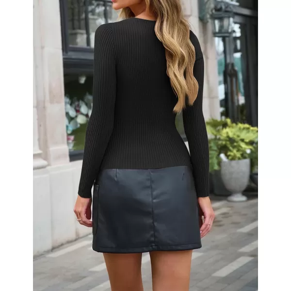 imageZESICA Womens 2024 Fall Fashion Long Sleeve Shirts Crewneck Cut Out Ribbed Knit Slim Fitted Sweater TopsBlack