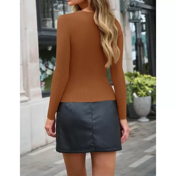 imageZESICA Womens 2024 Fall Fashion Long Sleeve Shirts Crewneck Cut Out Ribbed Knit Slim Fitted Sweater TopsBrown