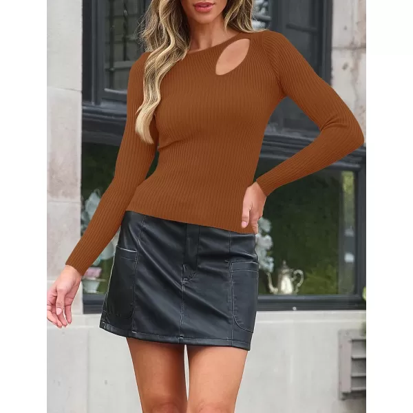 imageZESICA Womens 2024 Fall Fashion Long Sleeve Shirts Crewneck Cut Out Ribbed Knit Slim Fitted Sweater TopsBrown