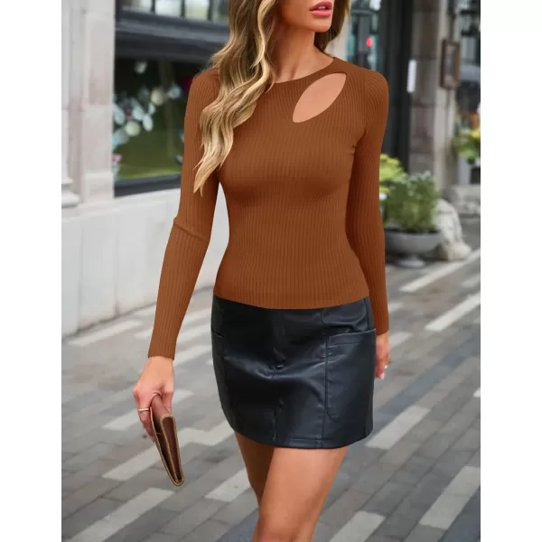 imageZESICA Womens 2024 Fall Fashion Long Sleeve Shirts Crewneck Cut Out Ribbed Knit Slim Fitted Sweater TopsBrown
