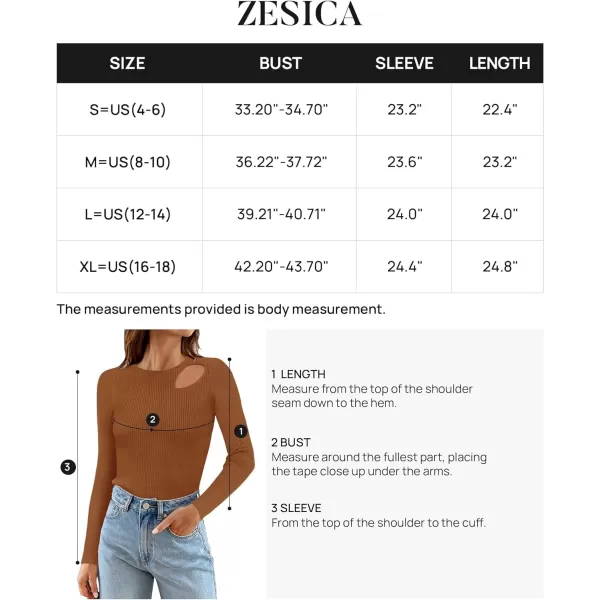 imageZESICA Womens 2024 Fall Fashion Long Sleeve Shirts Crewneck Cut Out Ribbed Knit Slim Fitted Sweater TopsBrown