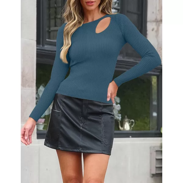 imageZESICA Womens 2024 Fall Fashion Long Sleeve Shirts Crewneck Cut Out Ribbed Knit Slim Fitted Sweater TopsDarkblue