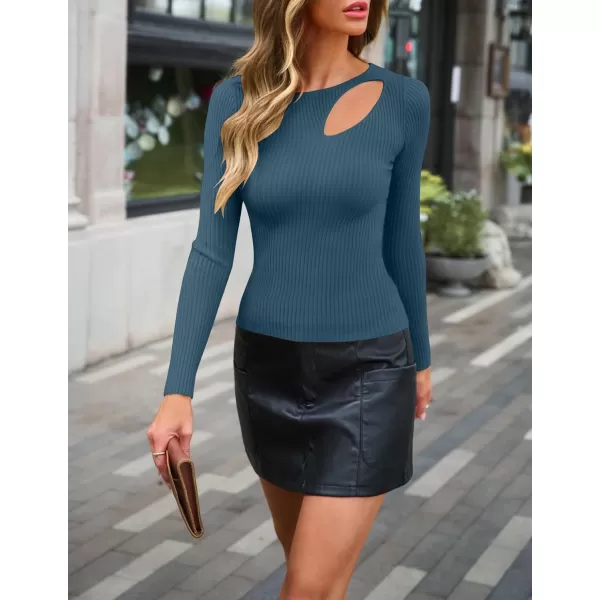 imageZESICA Womens 2024 Fall Fashion Long Sleeve Shirts Crewneck Cut Out Ribbed Knit Slim Fitted Sweater TopsDarkblue