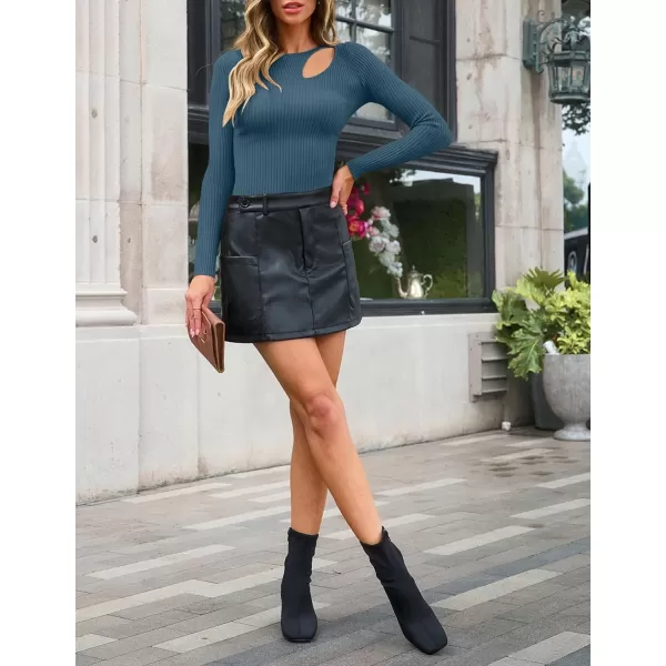imageZESICA Womens 2024 Fall Fashion Long Sleeve Shirts Crewneck Cut Out Ribbed Knit Slim Fitted Sweater TopsDarkblue