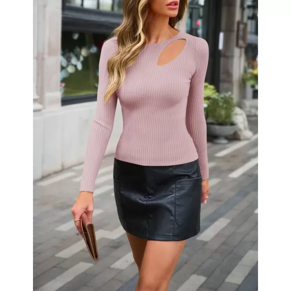 imageZESICA Womens 2024 Fall Fashion Long Sleeve Shirts Crewneck Cut Out Ribbed Knit Slim Fitted Sweater TopsDustypink