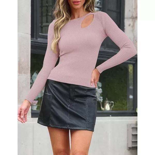 imageZESICA Womens 2024 Fall Fashion Long Sleeve Shirts Crewneck Cut Out Ribbed Knit Slim Fitted Sweater TopsDustypink