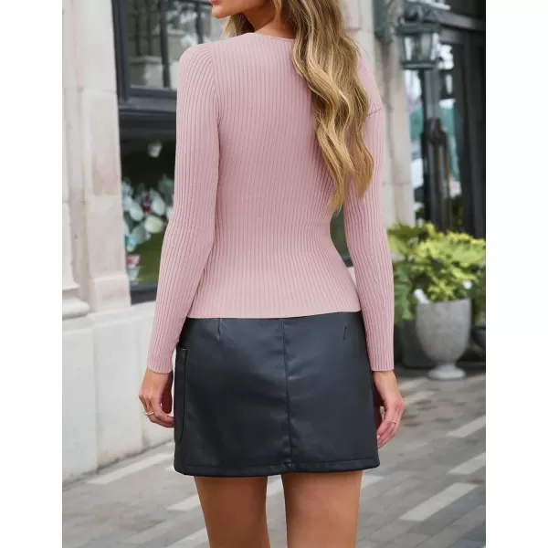 imageZESICA Womens 2024 Fall Fashion Long Sleeve Shirts Crewneck Cut Out Ribbed Knit Slim Fitted Sweater TopsDustypink