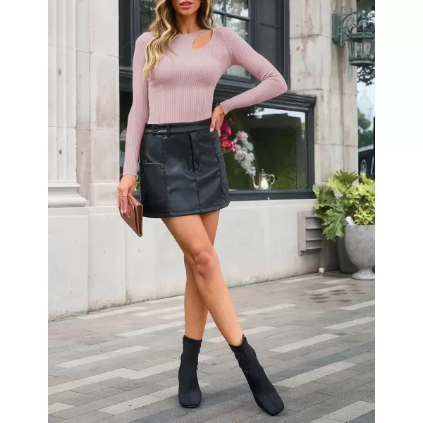 imageZESICA Womens 2024 Fall Fashion Long Sleeve Shirts Crewneck Cut Out Ribbed Knit Slim Fitted Sweater TopsDustypink