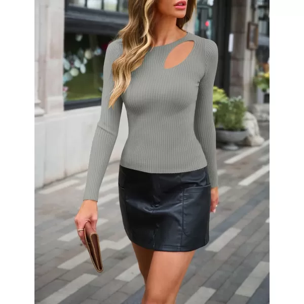 imageZESICA Womens 2024 Fall Fashion Long Sleeve Shirts Crewneck Cut Out Ribbed Knit Slim Fitted Sweater TopsGrey