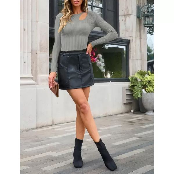 imageZESICA Womens 2024 Fall Fashion Long Sleeve Shirts Crewneck Cut Out Ribbed Knit Slim Fitted Sweater TopsGrey