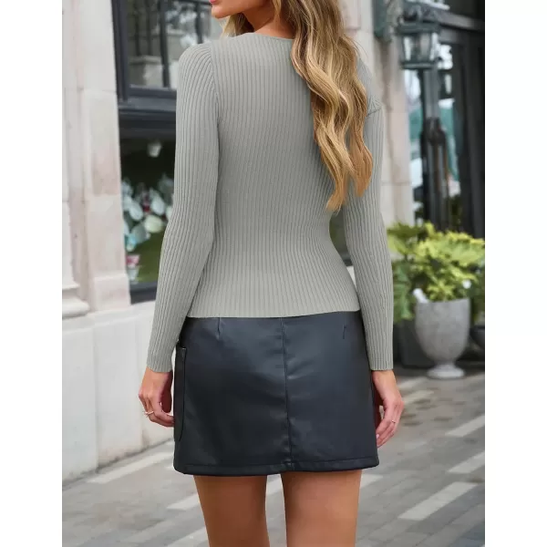 imageZESICA Womens 2024 Fall Fashion Long Sleeve Shirts Crewneck Cut Out Ribbed Knit Slim Fitted Sweater TopsGrey