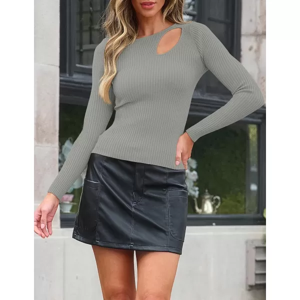 imageZESICA Womens 2024 Fall Fashion Long Sleeve Shirts Crewneck Cut Out Ribbed Knit Slim Fitted Sweater TopsGrey