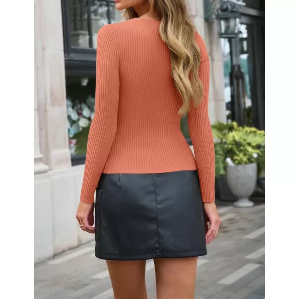imageZESICA Womens 2024 Fall Fashion Long Sleeve Shirts Crewneck Cut Out Ribbed Knit Slim Fitted Sweater TopsOrange
