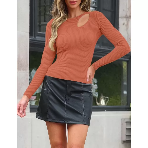 imageZESICA Womens 2024 Fall Fashion Long Sleeve Shirts Crewneck Cut Out Ribbed Knit Slim Fitted Sweater TopsOrange