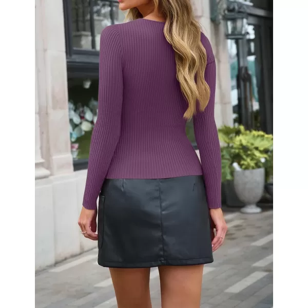 imageZESICA Womens 2024 Fall Fashion Long Sleeve Shirts Crewneck Cut Out Ribbed Knit Slim Fitted Sweater TopsPurple