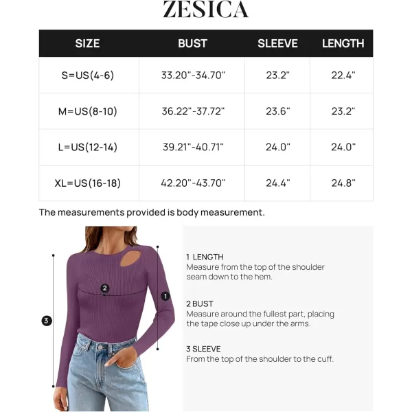 imageZESICA Womens 2024 Fall Fashion Long Sleeve Shirts Crewneck Cut Out Ribbed Knit Slim Fitted Sweater TopsPurple