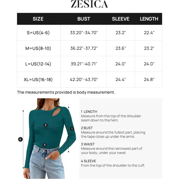 imageZESICA Womens 2024 Fall Fashion Long Sleeve Shirts Crewneck Cut Out Ribbed Knit Slim Fitted Sweater TopsTeal