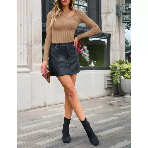 imageZESICA Womens 2024 Fall Fashion Long Sleeve Shirts Crewneck Cut Out Ribbed Knit Slim Fitted Sweater TopsToffee