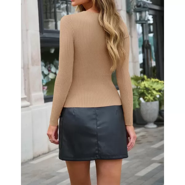 imageZESICA Womens 2024 Fall Fashion Long Sleeve Shirts Crewneck Cut Out Ribbed Knit Slim Fitted Sweater TopsToffee