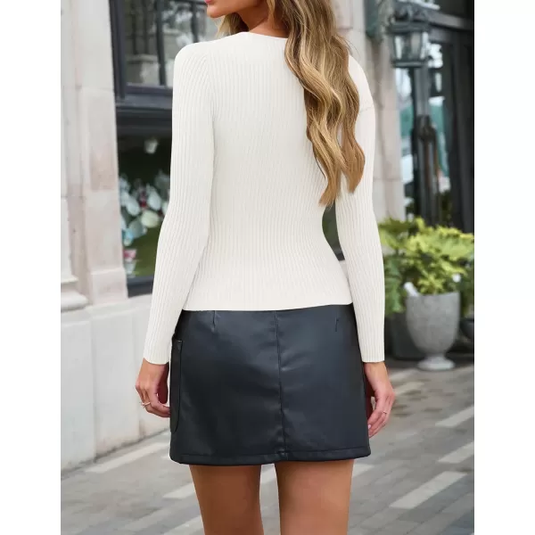 imageZESICA Womens 2024 Fall Fashion Long Sleeve Shirts Crewneck Cut Out Ribbed Knit Slim Fitted Sweater TopsWhite