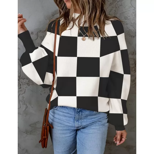 imageZESICA Womens 2024 Fall Fashion Turtleneck Long Sleeve Striped Ribbed Knit Loose Pullover Sweater TopsBlackplaid