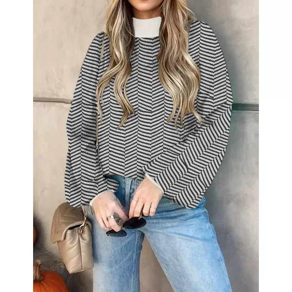 imageZESICA Womens 2024 Fall Fashion Turtleneck Long Sleeve Striped Ribbed Knit Loose Pullover Sweater TopsCarbon