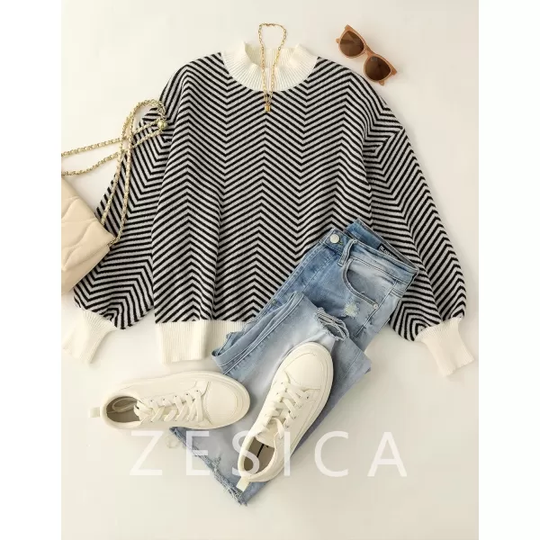 imageZESICA Womens 2024 Fall Fashion Turtleneck Long Sleeve Striped Ribbed Knit Loose Pullover Sweater TopsCarbon
