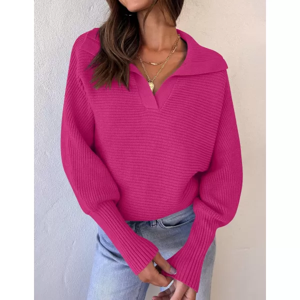 imageZESICA Womens 2024 Fall Lapel Collar V Neck Long Sleeve Ribbed Knit Comfy Loose Casual Pullover Sweater Jumper TopRose