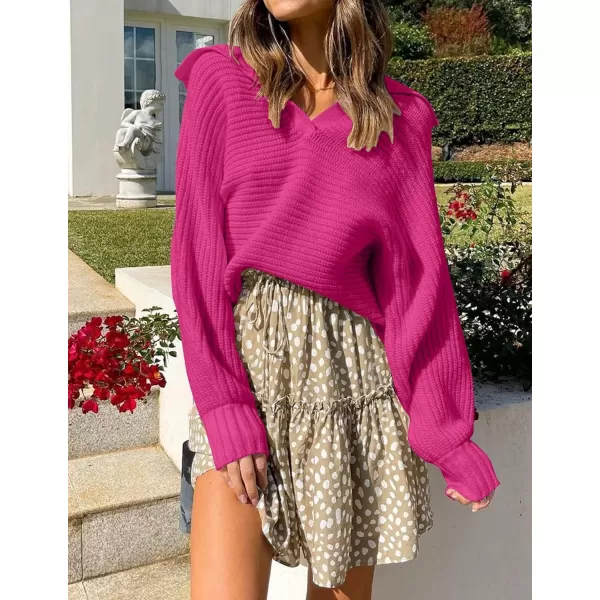 imageZESICA Womens 2024 Fall Lapel Collar V Neck Long Sleeve Ribbed Knit Comfy Loose Casual Pullover Sweater Jumper TopRose