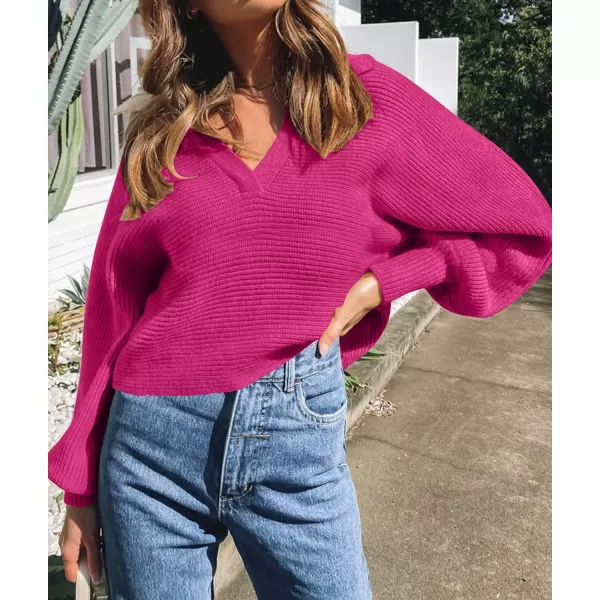 imageZESICA Womens 2024 Fall Lapel Collar V Neck Long Sleeve Ribbed Knit Comfy Loose Casual Pullover Sweater Jumper TopRose