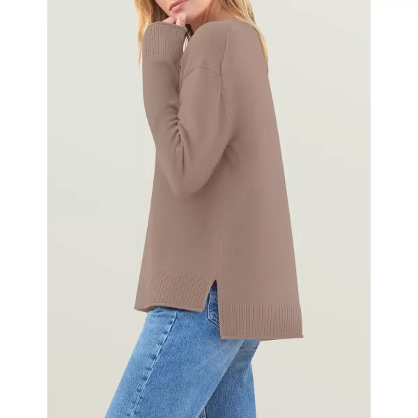 imageZESICA Womens 2024 Fall Long Sleeve Crew Neck Soft Knit Side Slit Comfy Loose Pullover Sweater Jumper TopsAlmond
