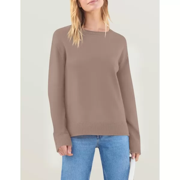 imageZESICA Womens 2024 Fall Long Sleeve Crew Neck Soft Knit Side Slit Comfy Loose Pullover Sweater Jumper TopsAlmond