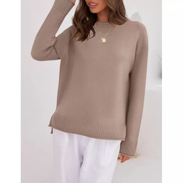 imageZESICA Womens 2024 Fall Long Sleeve Crew Neck Soft Knit Side Slit Comfy Loose Pullover Sweater Jumper TopsAlmond