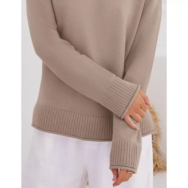 imageZESICA Womens 2024 Fall Long Sleeve Crew Neck Soft Knit Side Slit Comfy Loose Pullover Sweater Jumper TopsAlmond