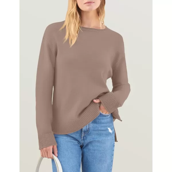 imageZESICA Womens 2024 Fall Long Sleeve Crew Neck Soft Knit Side Slit Comfy Loose Pullover Sweater Jumper TopsAlmond